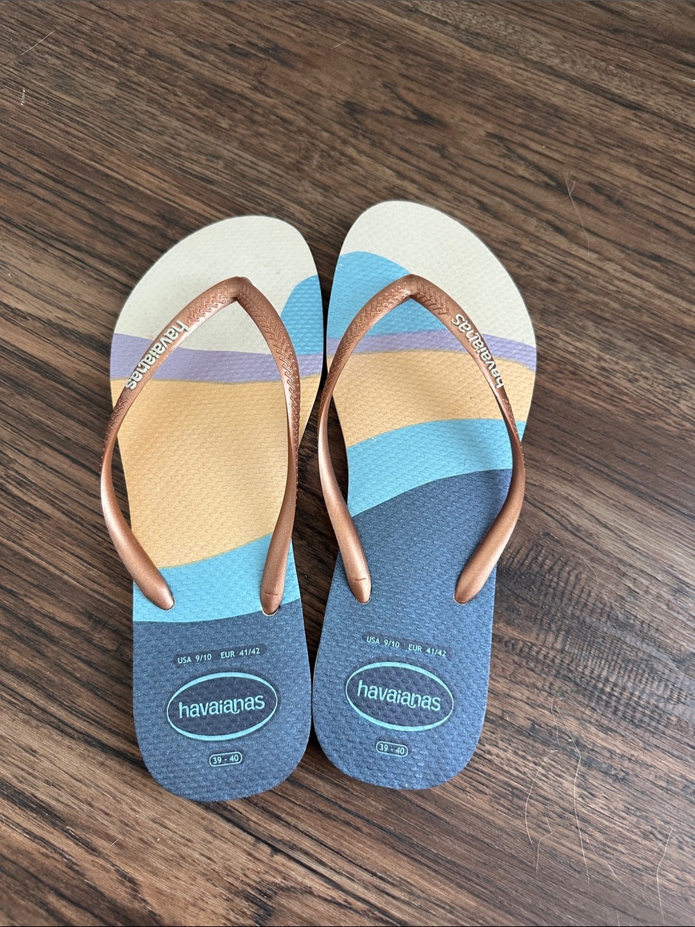 Havaianas Women’s Striped Flip Flops in Blue, Tan & Copper
